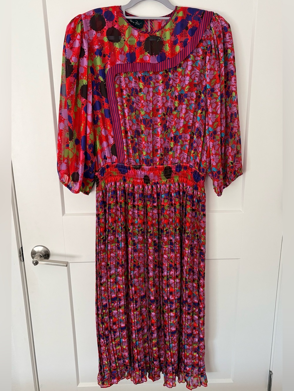 Vtg 80s Diane Freis Mixed Print Pleated Midi Dress - Size M/L